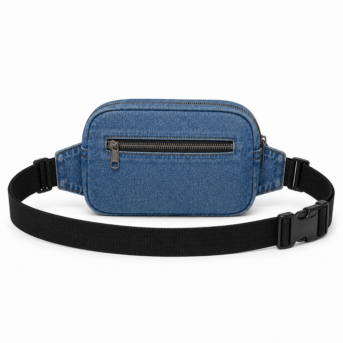 A blue denim fanny pack with a black adjustable webbing strap and black plastic buckle, shown against a plain white background.