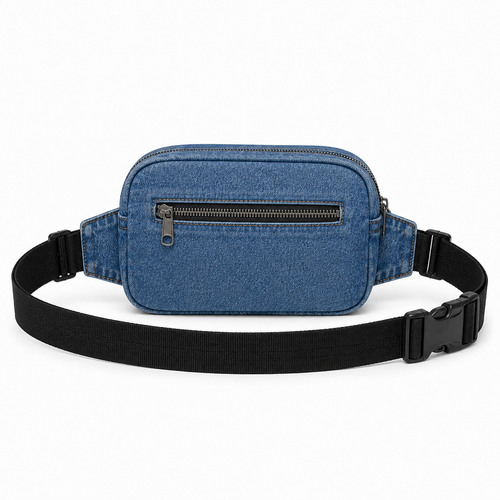 A blue denim fanny pack with a black adjustable webbing strap and black plastic buckle, shown against a plain white background.