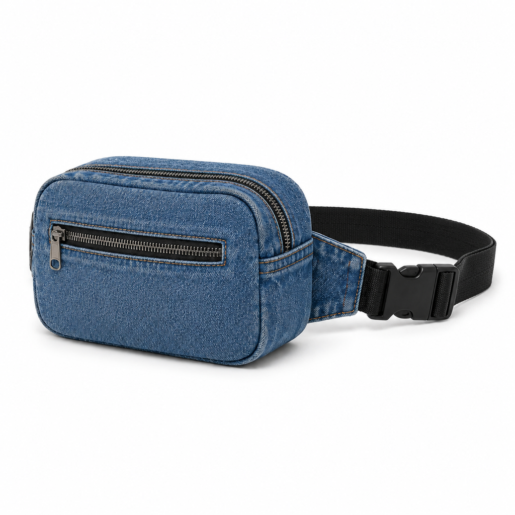 A blue denim waist bag with a black adjustable strap and black plastic buckle, shown on a clean white background.