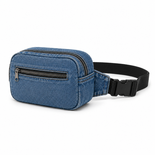 A blue denim waist bag with a black adjustable strap and black plastic buckle, shown on a clean white background.
