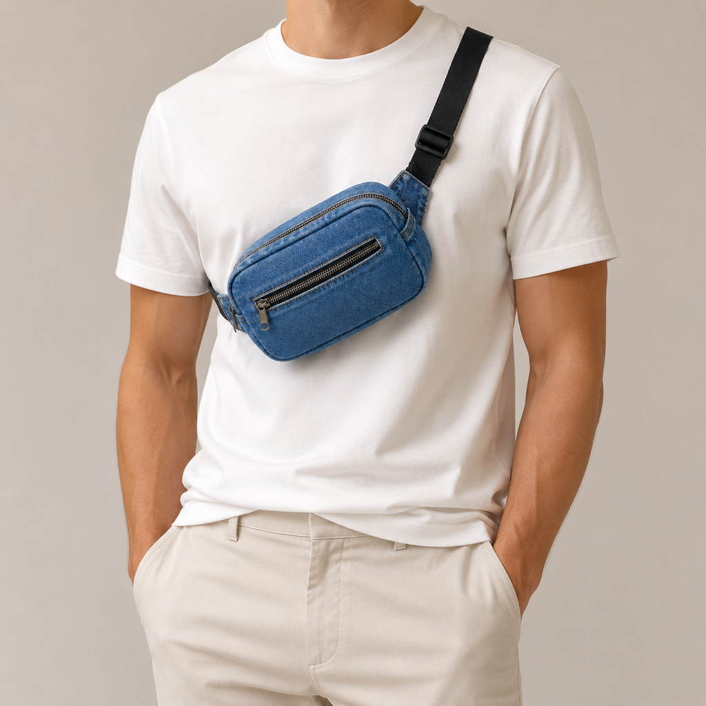 A man wearing a white t-shirt and beige pants models a blue denim crossbody fanny pack with a black adjustable strap against a neutral beige background.