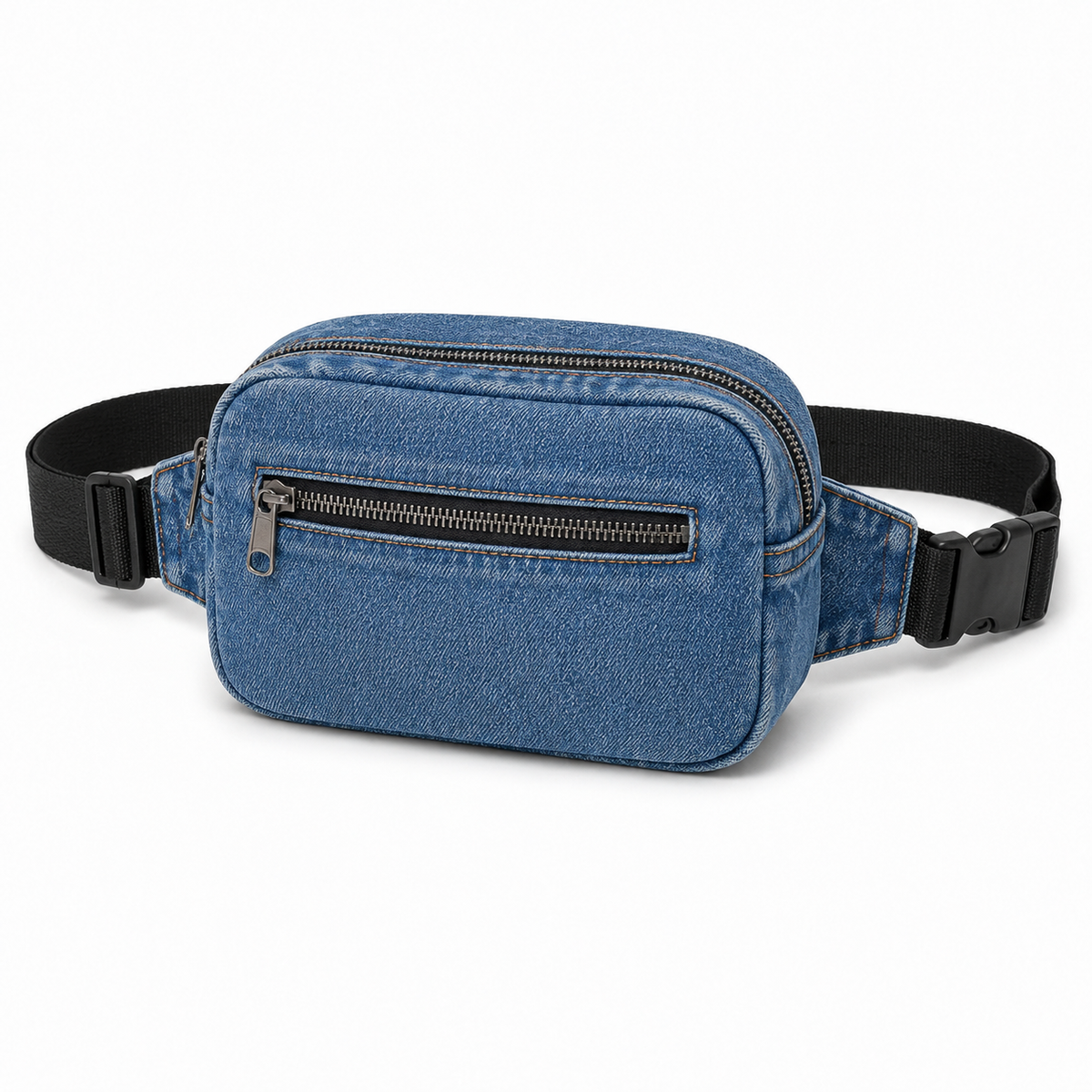 A blue denim fanny pack with a black adjustable waist strap and black zippers, shown on a clean white background.