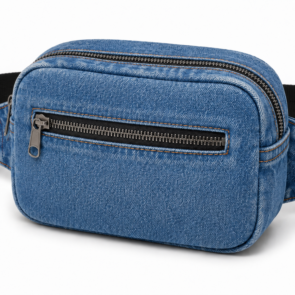 A blue denim-style crossbody bag with a front zippered pocket and a top zip closure, shown on a clean white background.
