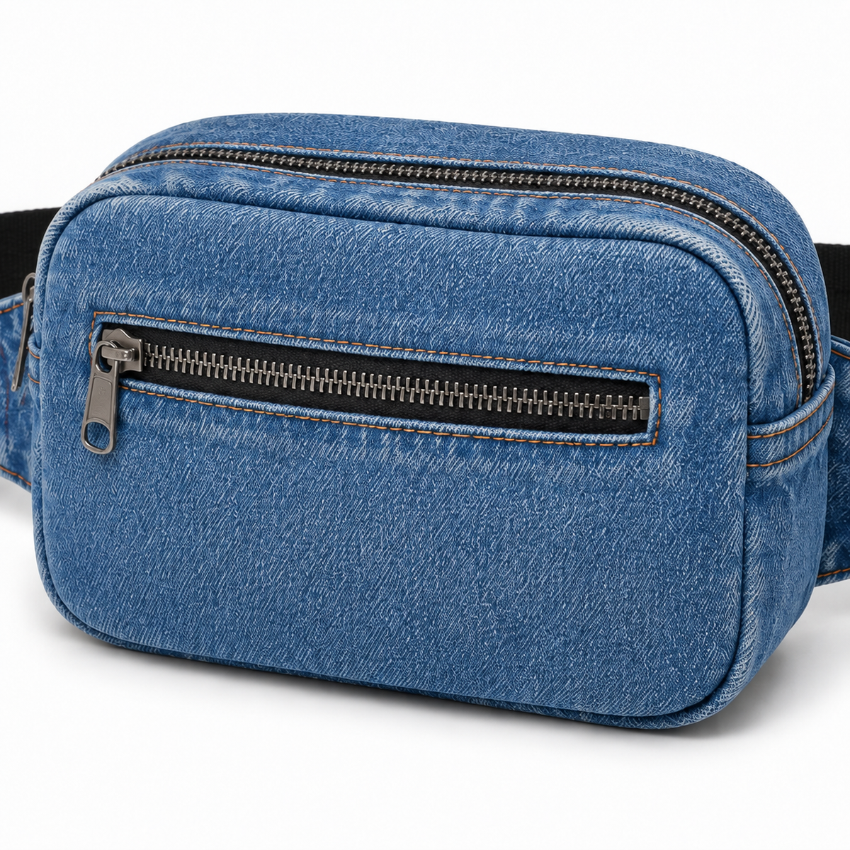 A blue denim-style crossbody bag with a front zippered pocket and a top zip closure, shown on a clean white background.