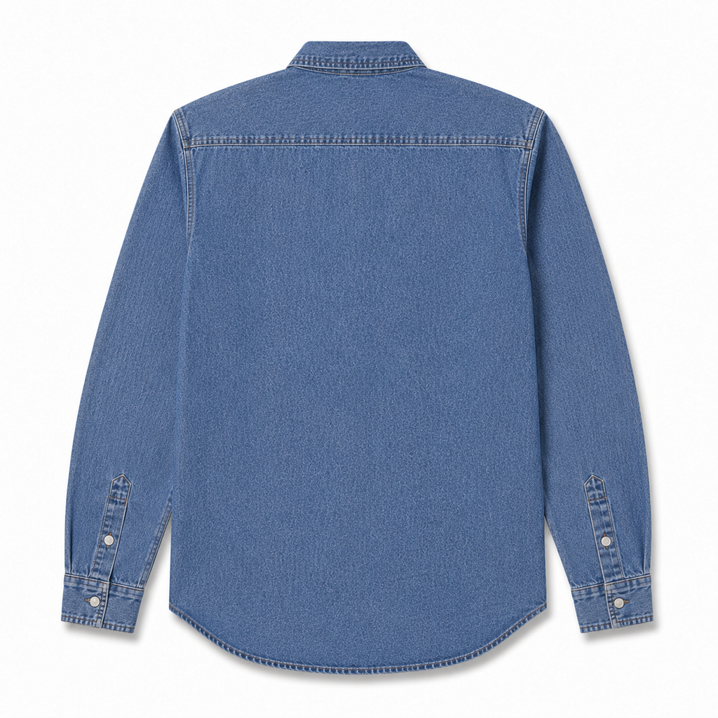 Back view of medium-wash blue denim shirt on a clean white background.