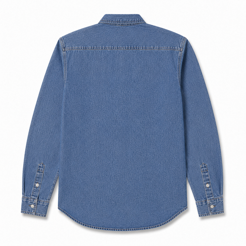 Back view of medium-wash blue denim shirt on a clean white background.