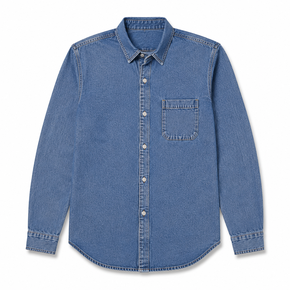 A medium wash blue denim long-sleeve button-up shirt with a single chest pocket, laid flat against a white background.
