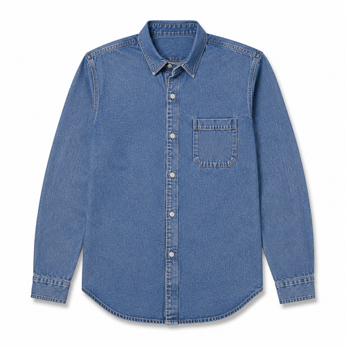 A medium wash blue denim long-sleeve button-up shirt with a single chest pocket, laid flat against a white background.