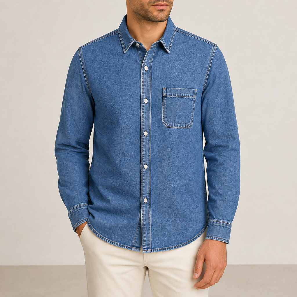A man wearing a medium wash blue denim long-sleeve button-down shirt with a chest pocket, paired with off-white trousers, against a neutral studio background.