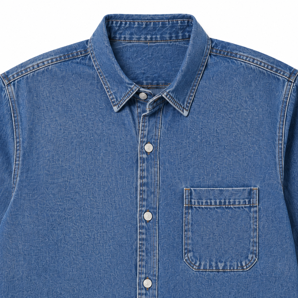 Close-up of a blue denim short showing the front, button, and front pocket on a white background.