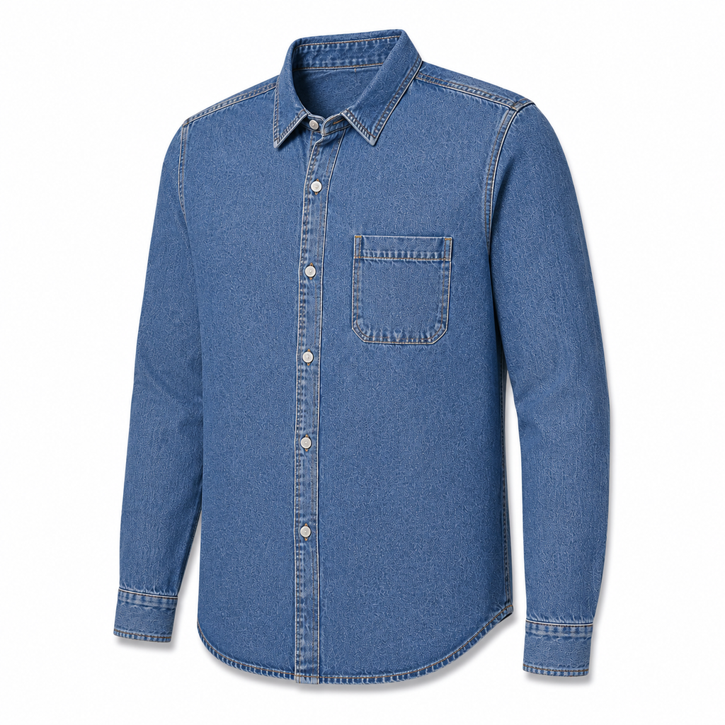 A medium wash blue denim long-sleeve button-up shirt with a single chest pocket, shown on a clean white background.