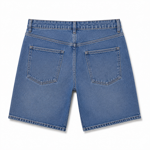 Back view of medium-wash blue denim shorts with two back pockets, shown flat on a white background.