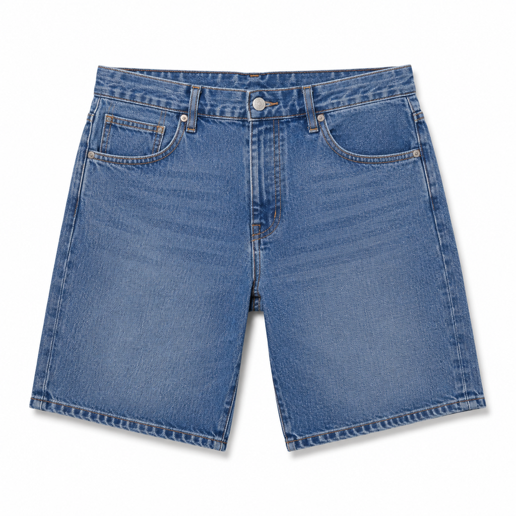 A pair of classic blue denim shorts with a faded wash, featuring five-pocket styling, a button closure, and belt loops, photographed flat on a white background.