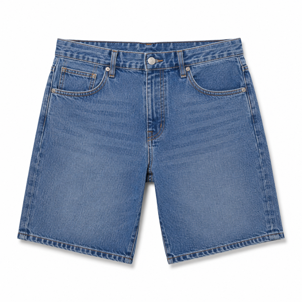 A pair of classic blue denim shorts with a faded wash, featuring five-pocket styling, a button closure, and belt loops, photographed flat on a white background.