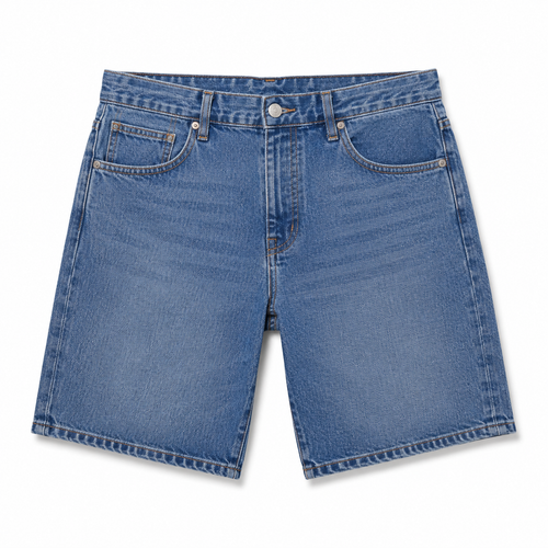 A pair of classic blue denim shorts with a faded wash, featuring five-pocket styling, a button closure, and belt loops, photographed flat on a white background.