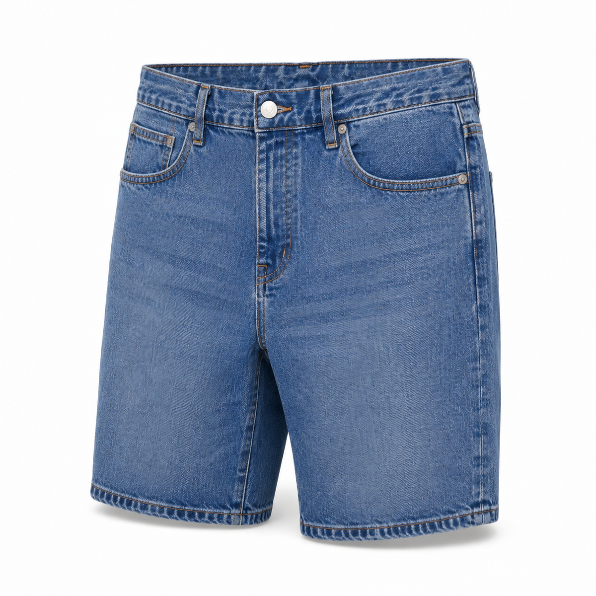A medium wash blue denim short, shown on a clean white background.