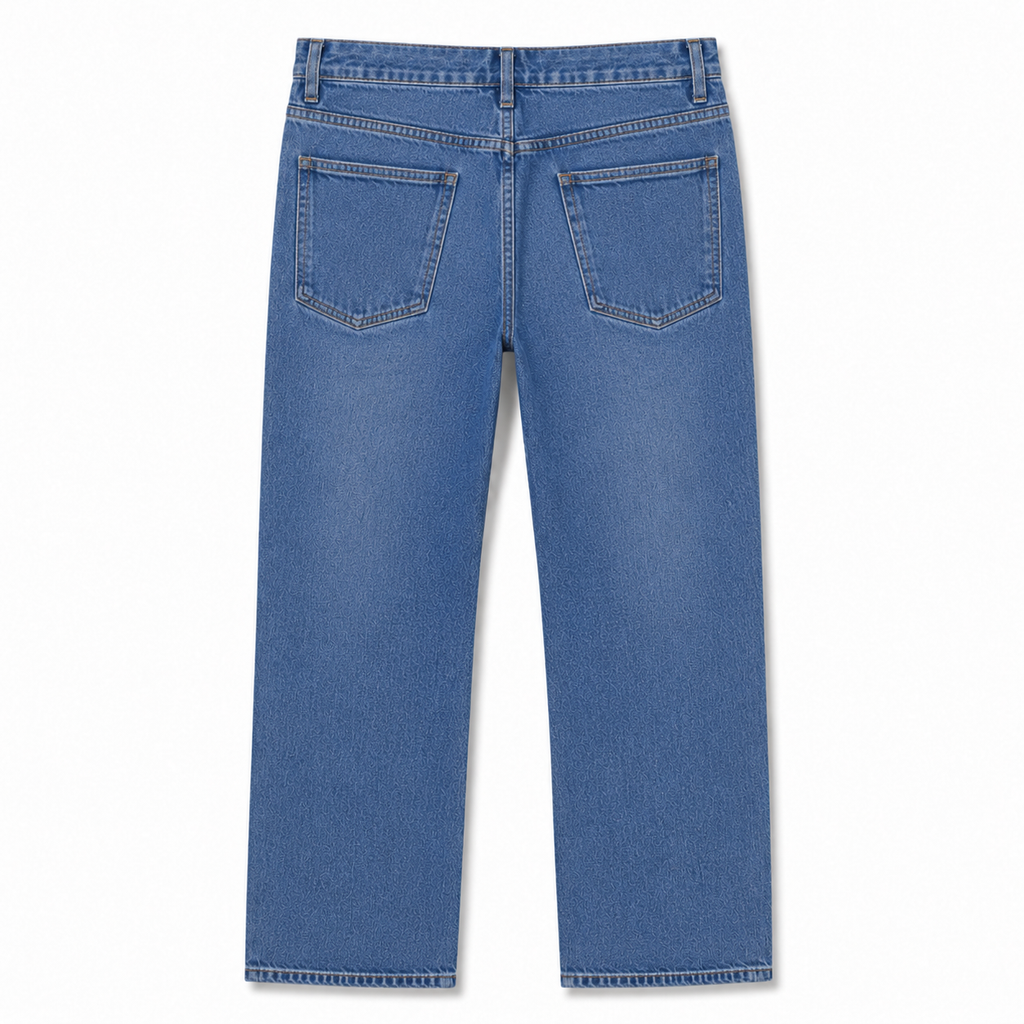 Back view of a pair of medium-wash blue denim jeans on a clean white background.