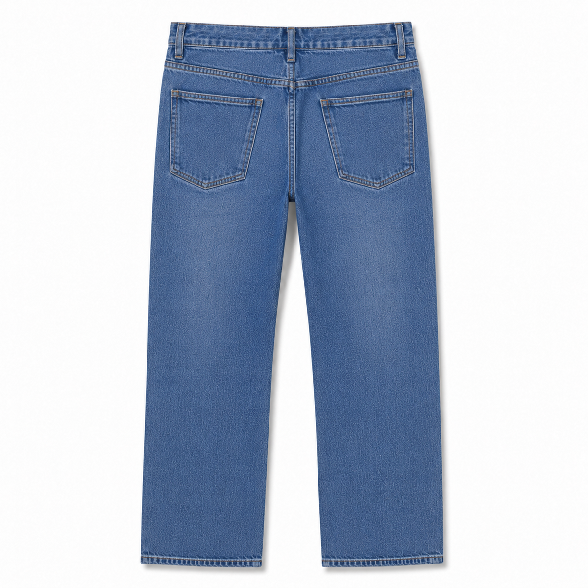 Back view of a pair of medium-wash blue denim jeans on a clean white background.