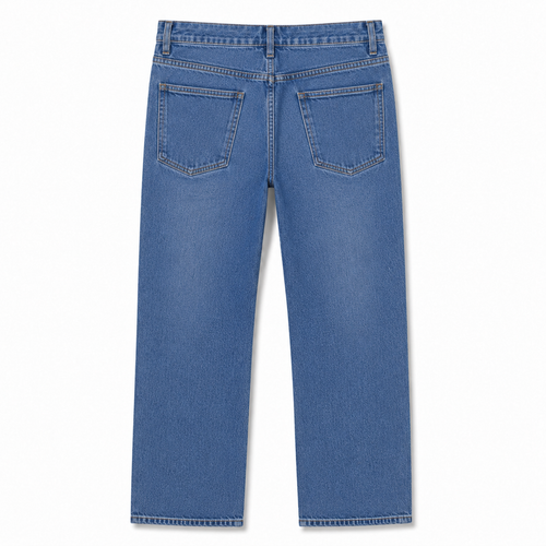 Back view of a pair of medium-wash blue denim jeans on a clean white background.