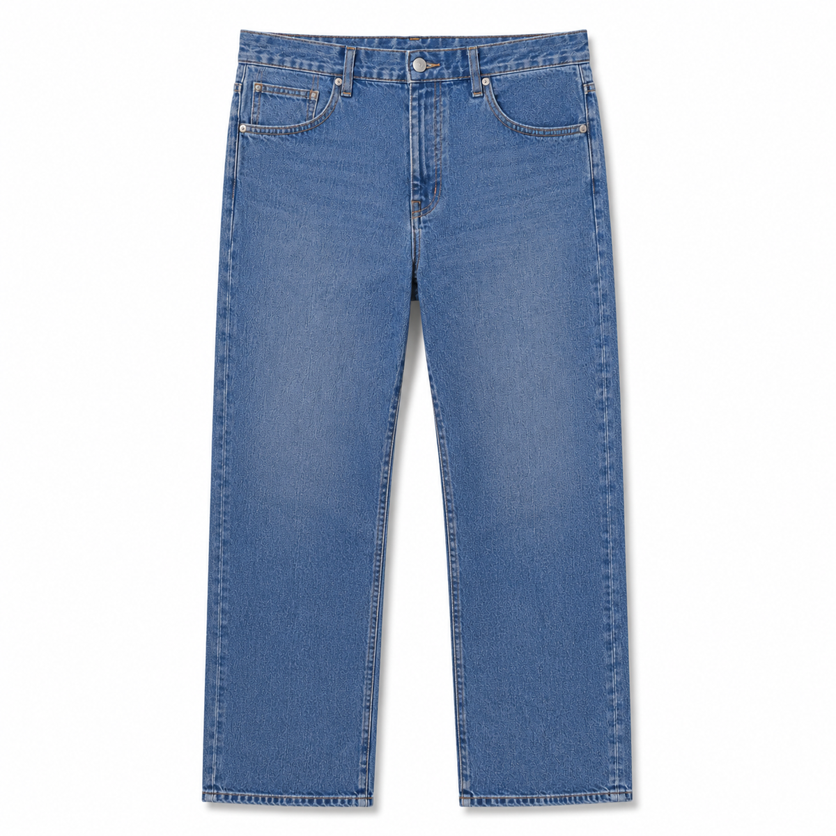 A pair of classic blue denim jeans shown flat against a solid white background, displaying the front pockets, belt loops, and overall fabric texture.