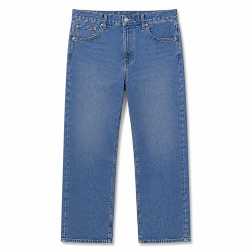 A pair of classic blue denim jeans shown flat against a solid white background, displaying the front pockets, belt loops, and overall fabric texture.