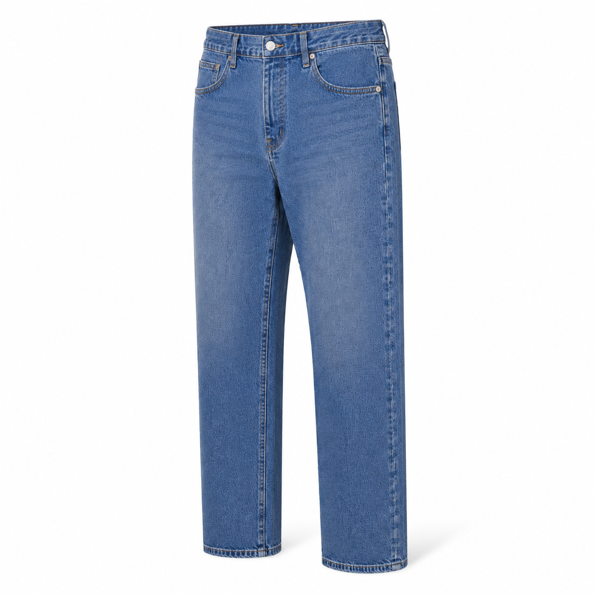 A pair of classic blue denim jeans shown from the front on a clean white background.