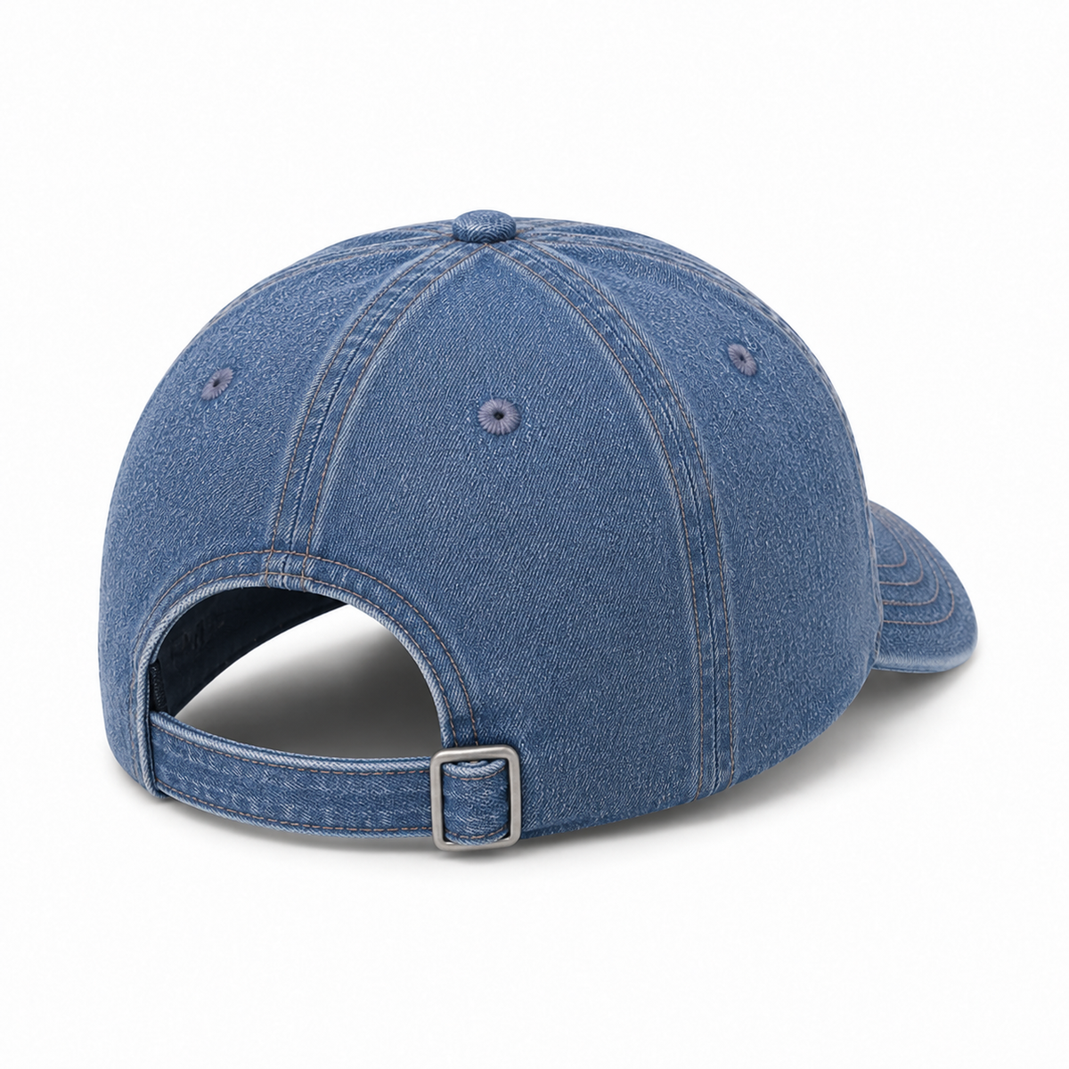 A blue denim baseball cap shown from the back, featuring a curved brim and an adjustable strap with a silver metal buckle, set against a plain white background.