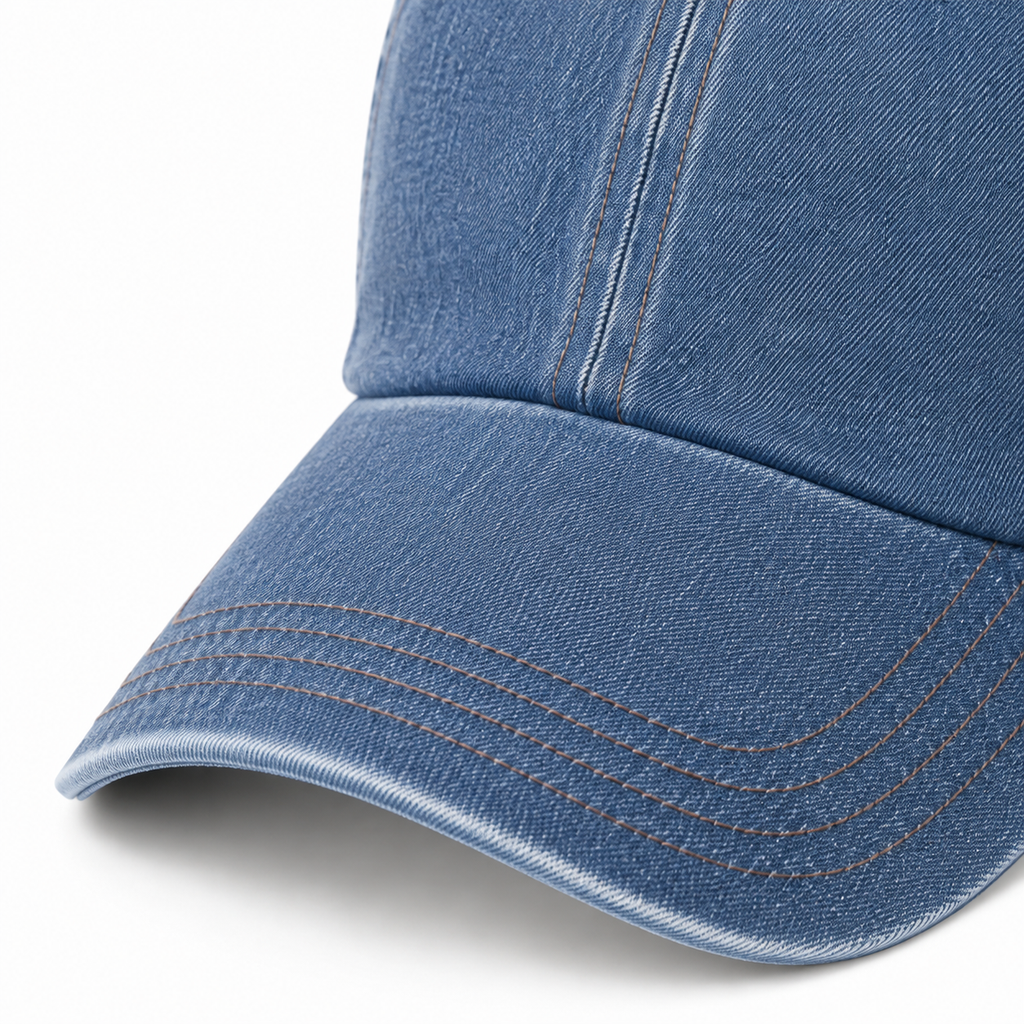 A close-up of a blue denim baseball cap showing the curved brim, stitched details, and fabric texture against a white background.