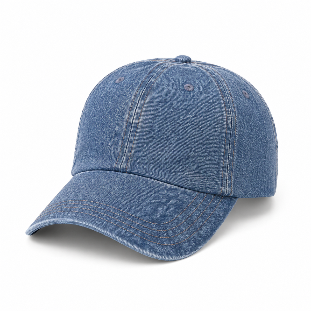 A blue denim baseball cap with curved brim and subtle tonal stitching, shown on a clean white background.