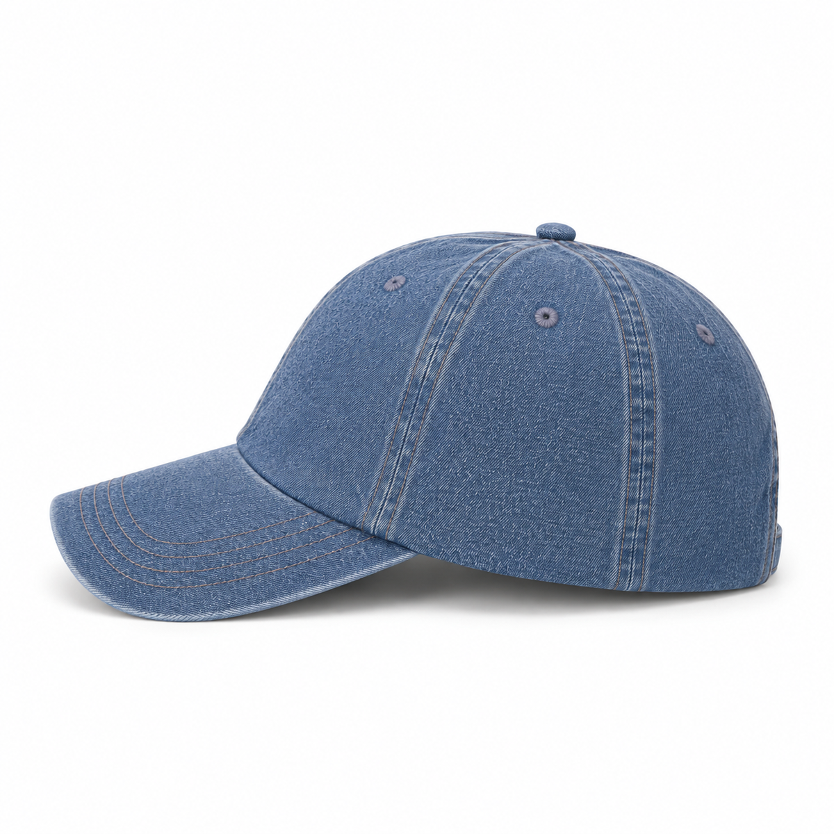 A blue denim baseball cap shown from a side profile view against a clean white background.
